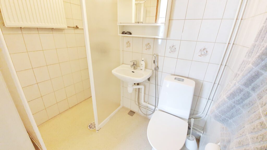 Luosatrinkadun kaksion kylpyhuone, wc-pönttö, lavuaari ja suihkukoppi.