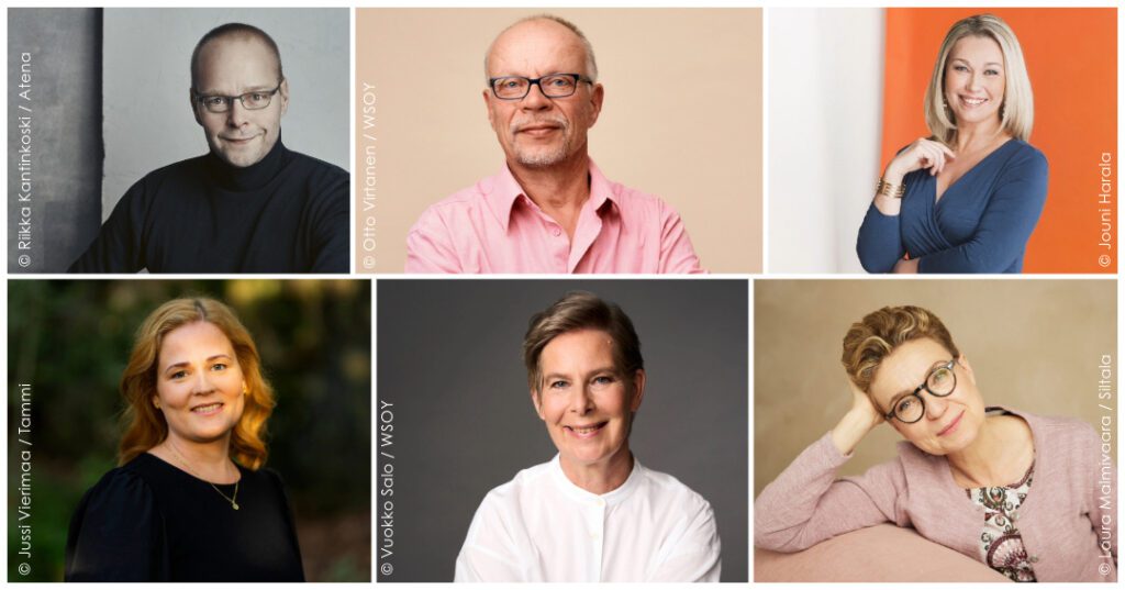 Kirjajuhlilla esiintyviä kirjailijoilta: Sirpa Kähkönen, Johanna Venho, Mari Leppänen, Saara Turunen sekä Risto Uimonen.