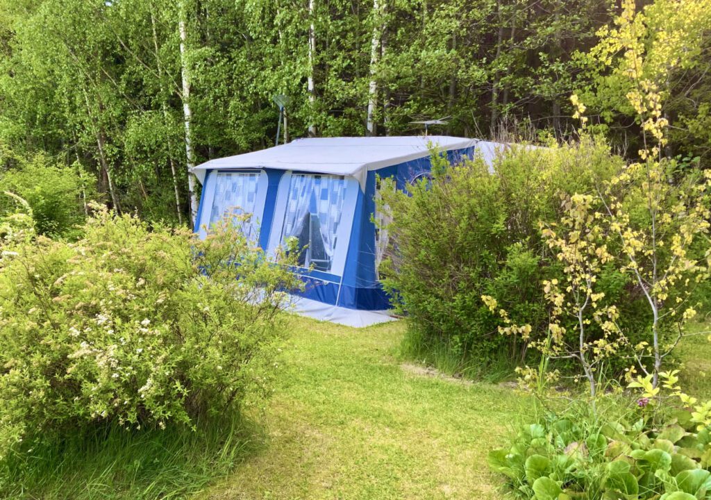 Villan tilan leirintäalueella sininen teltta.